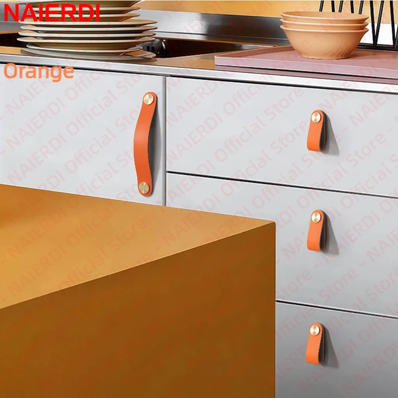 NAIERDI 10 Pieces Leather Cabinet Handle Anti-Collision Aluminum Alloy Colorful Furniture Handle for Kids Room Drawer Knobs