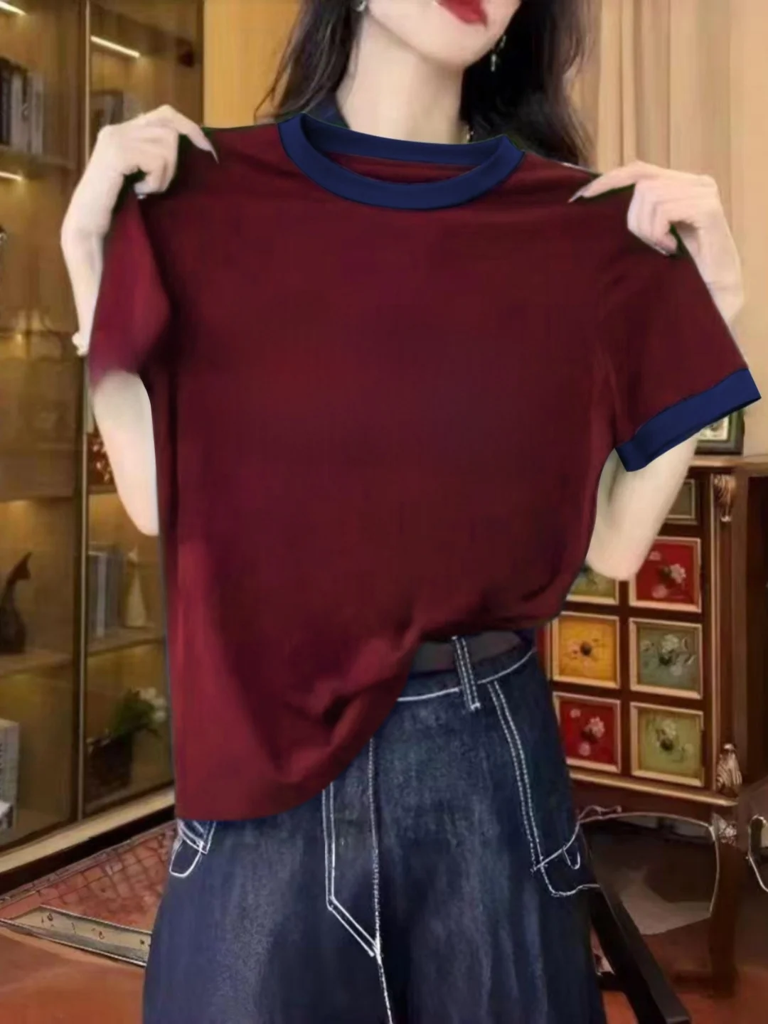 루즈핏 그레이 반팔 티셔츠 여성 여름 캐주얼 스타일 컬러 블록 디자인 슬리밍 효과 편안한 코튼 탑