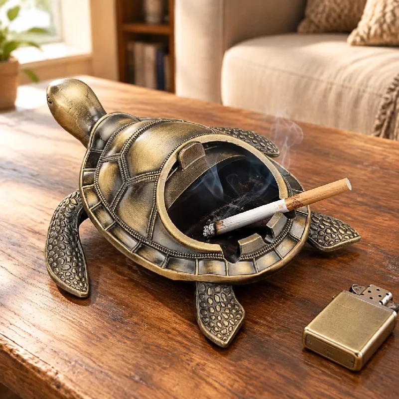 Turtle Ashtray With Lid, Antique Bronze Zinc Alloy Windproof Cigarette Tray, Minimalist Decorative Shell DesignFor Patio