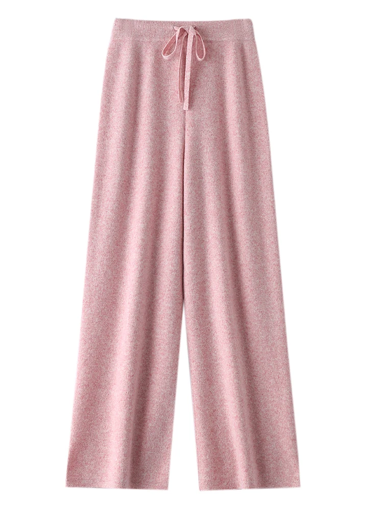 Women's Trousers 100% Merino Wool Pants Autumn Winter Sweater Wide Leg Pants Tying Elastic Casual Basic Soft Warm Knit Trousers