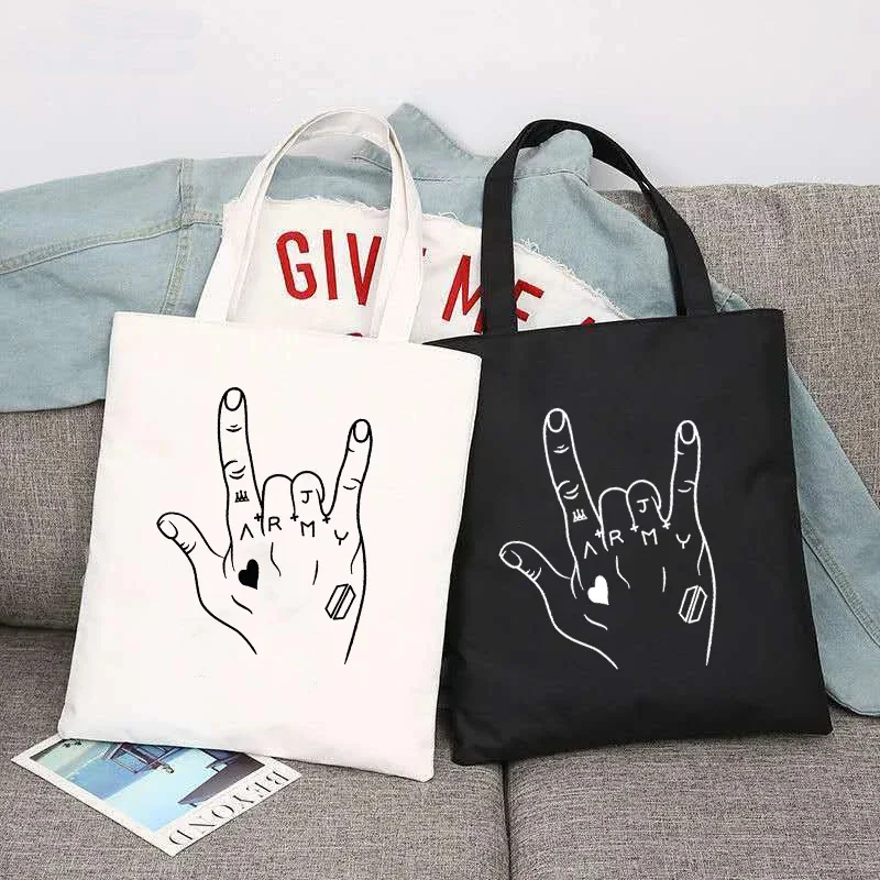 BTS Jungkook Canvas Tote Bag Korean Army Merch Fabric Bags Women Black White Shopper Handbag Reusable Shopping Bags Aesthetic