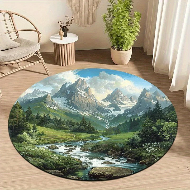 1pc Serene Snow‑Mountain‑Pine‑River Landscape Round Area Rug, Indoor & Outdoor Comfortable Floor Mat for Kitchen, Home