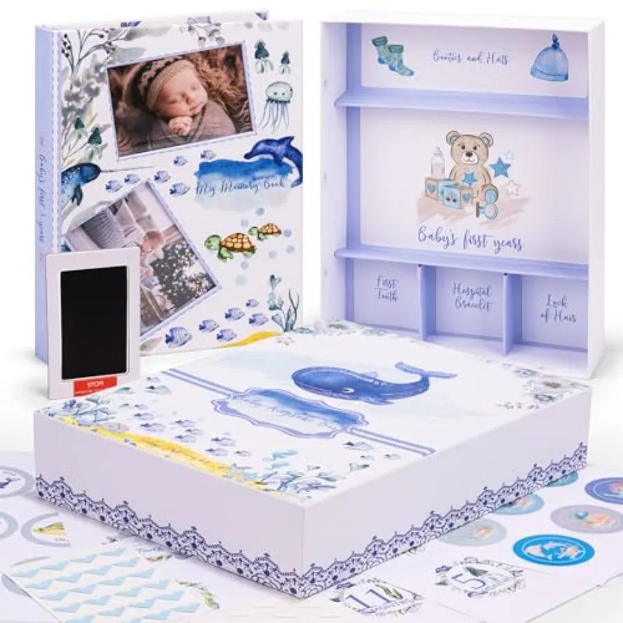 

My Memory Book with Keepsake Box Baby Milestone Stickers Photo Corners and Footprint Kit Under the Sea Design - Baby First Five