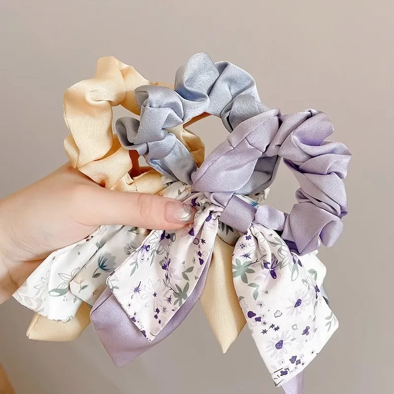 

New Bow Scrunchies Elastic Hair Scarf Flower Hair Ties Bands Satin Hair Ribbon Scrunchy Ponytail Holder for Women