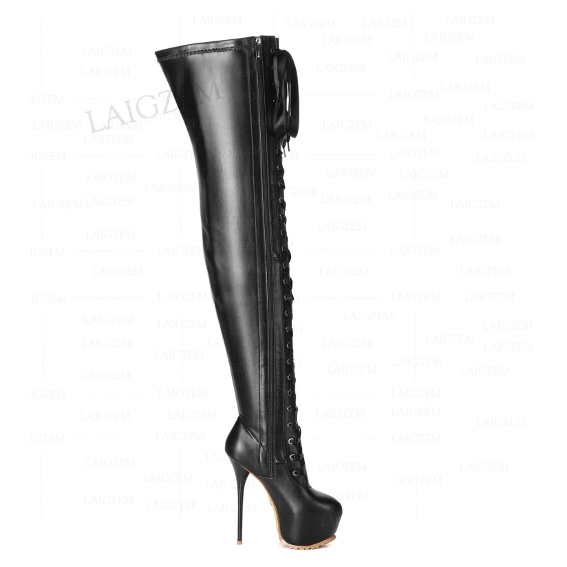 BERZIMER Women Thigh High Boots Full Zip Up Platform Thin High Heels Over Knee Boots Faux Leather Shoes Woman Big Size 41 46 52
