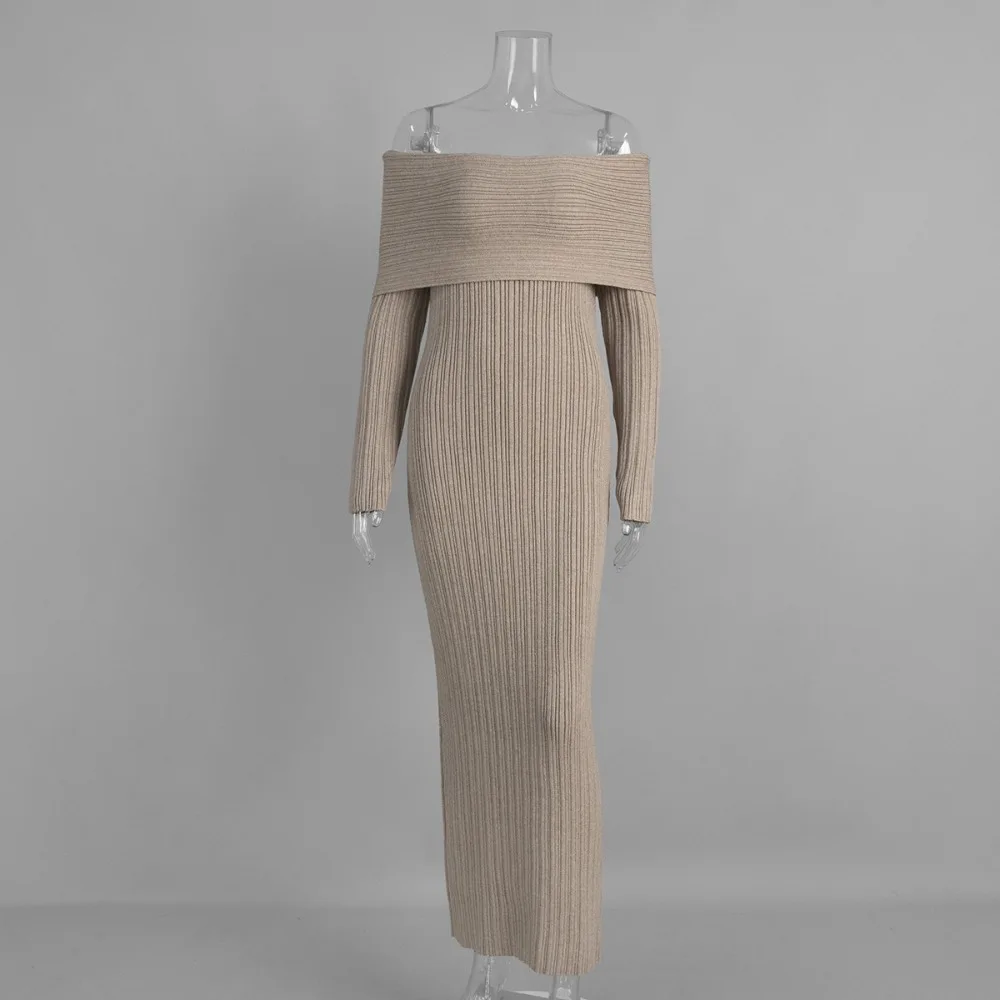 Damska zimowa sukienka swetrowa typu bodycon z odkrytymi ramionami, elegancka sukienka midi z długim rękawem na imprezę klubową, formalna, modna odzież z prążkowanej dzianiny, kolekcja 2026.