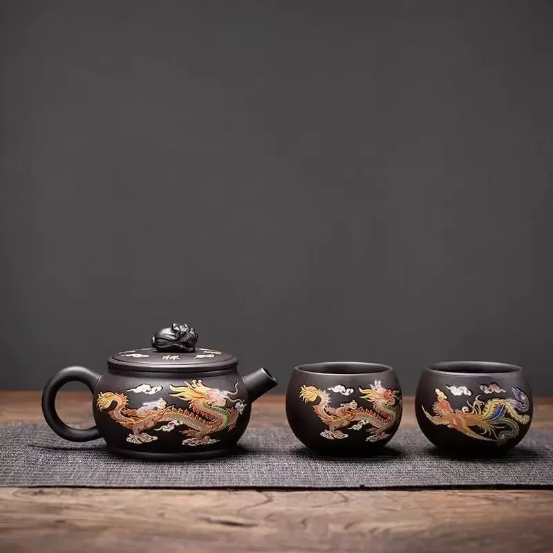 

Heat-Sensitive Color-Changing Black Purple Clay Dragon & Phoenix Teapot Handmade Household Tea Brewing Pot (1 Pot + 2 Cups)