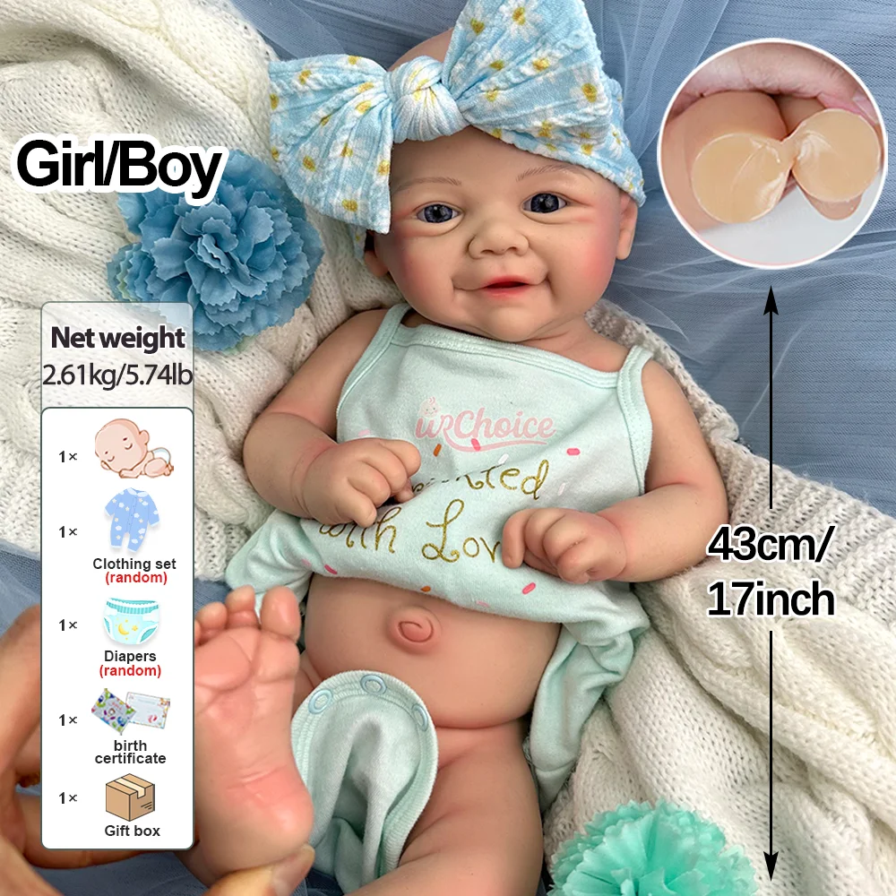 Blue Eyes 17" Silikon-Reborn-Babypuppe, süßes Lächeln, Mädchen und Junge, realistische 6 Pfund gewichtete Neugeborene Puppe als Geschenk für Sammler