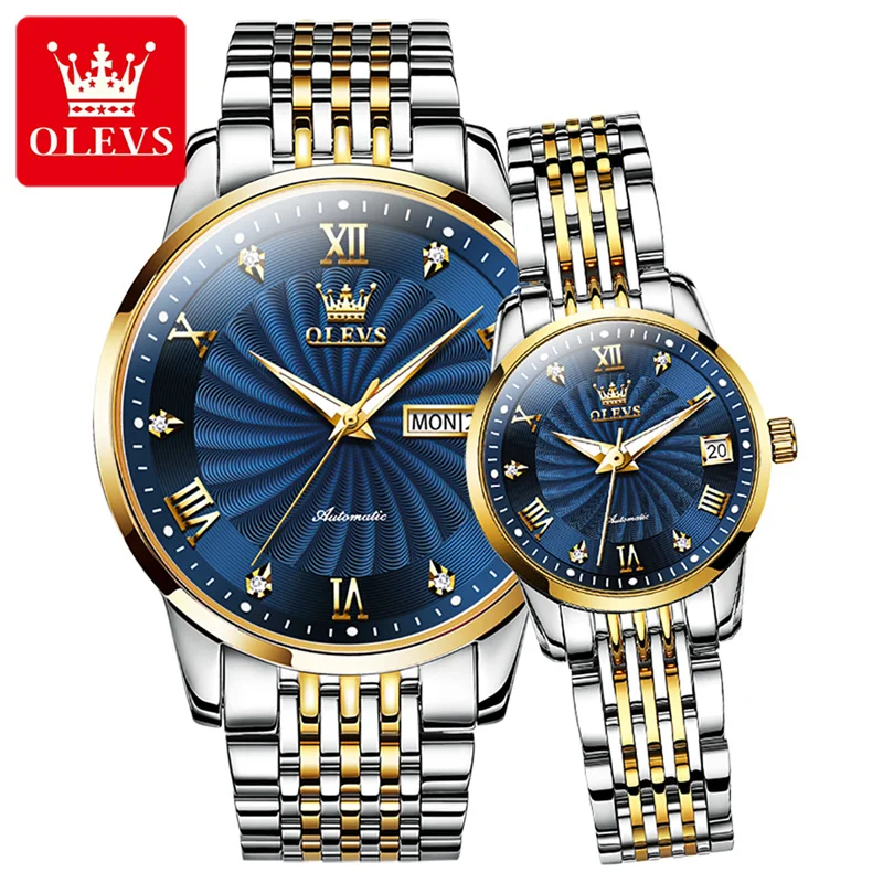 OLEVS-reloj mecánico automático de lujo para hombre y mujer, cronógrafo de acero inoxidable, resistente al agua, regalo para pareja