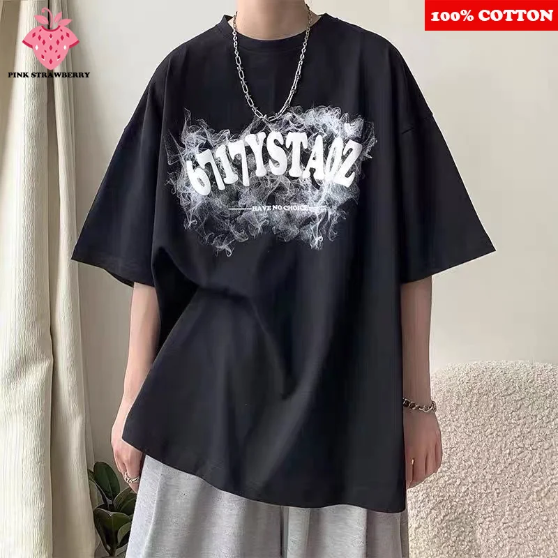 

American Street Youth T-shirt Men Summer 2025 New 100% Cotton short sleeve Letter Print Tee Loose Casual Y2k Top Male clothing