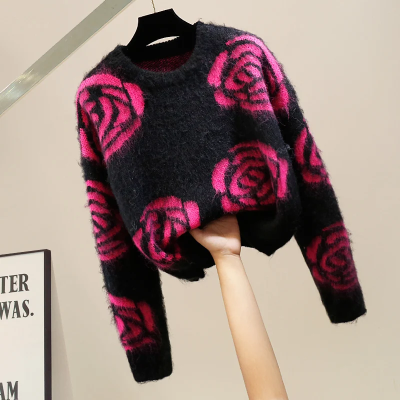 

Модный вязаный свитер с длинным рукавом, вышивкой и плюшевыми элементами, повседневный, с круглым вырезом, свободного кроя, из смесовой шерсти, укороченный прямой фасон