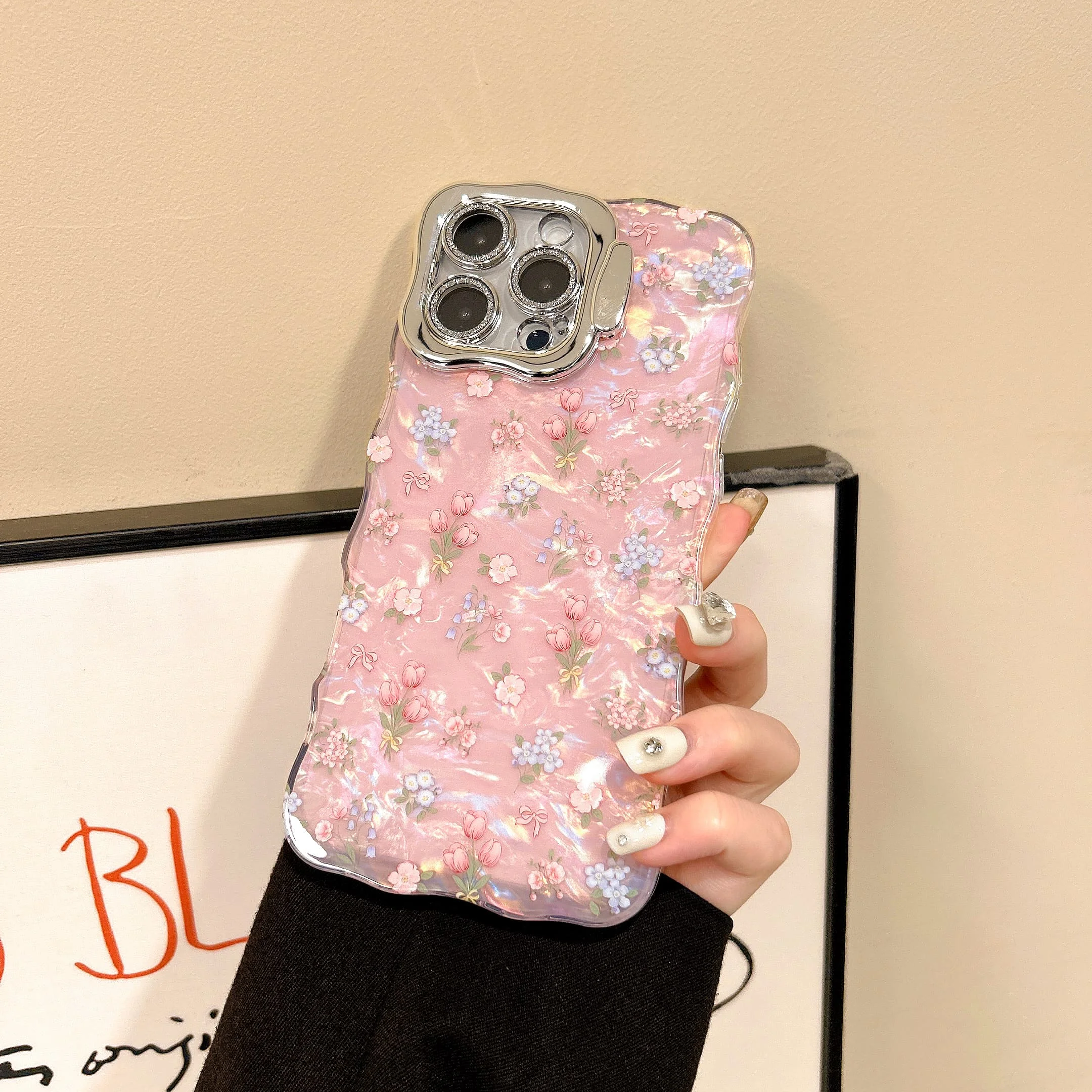 Chic Tulips Pattern Waving Frame Shell Gloss Len Frame Kickstand Phone Case for iPhone 16 15 14 11 12 13 Pro Max Plus Back Cover view 2