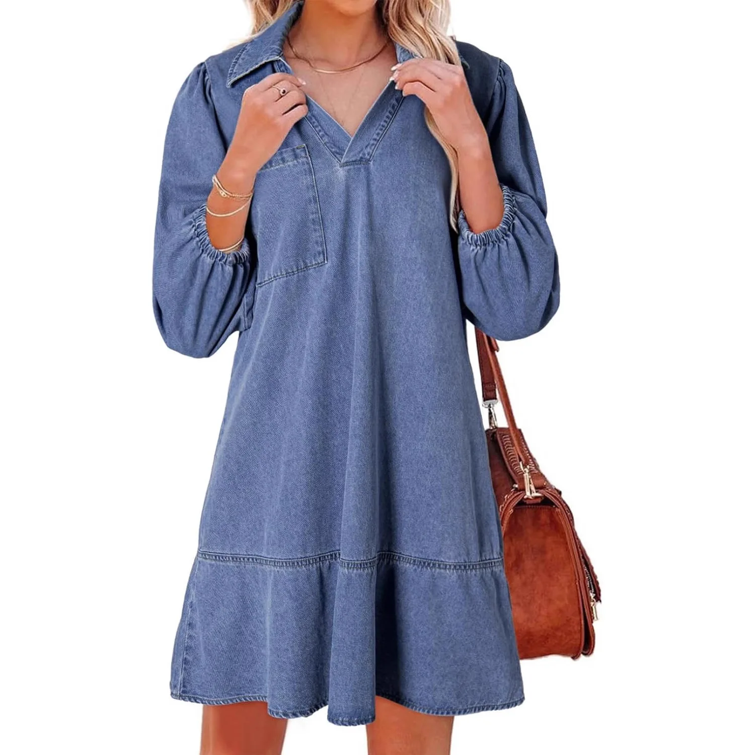 

2025 New Women's Casual Doll V-neck Seven-point Bubble Sleeve Denim
