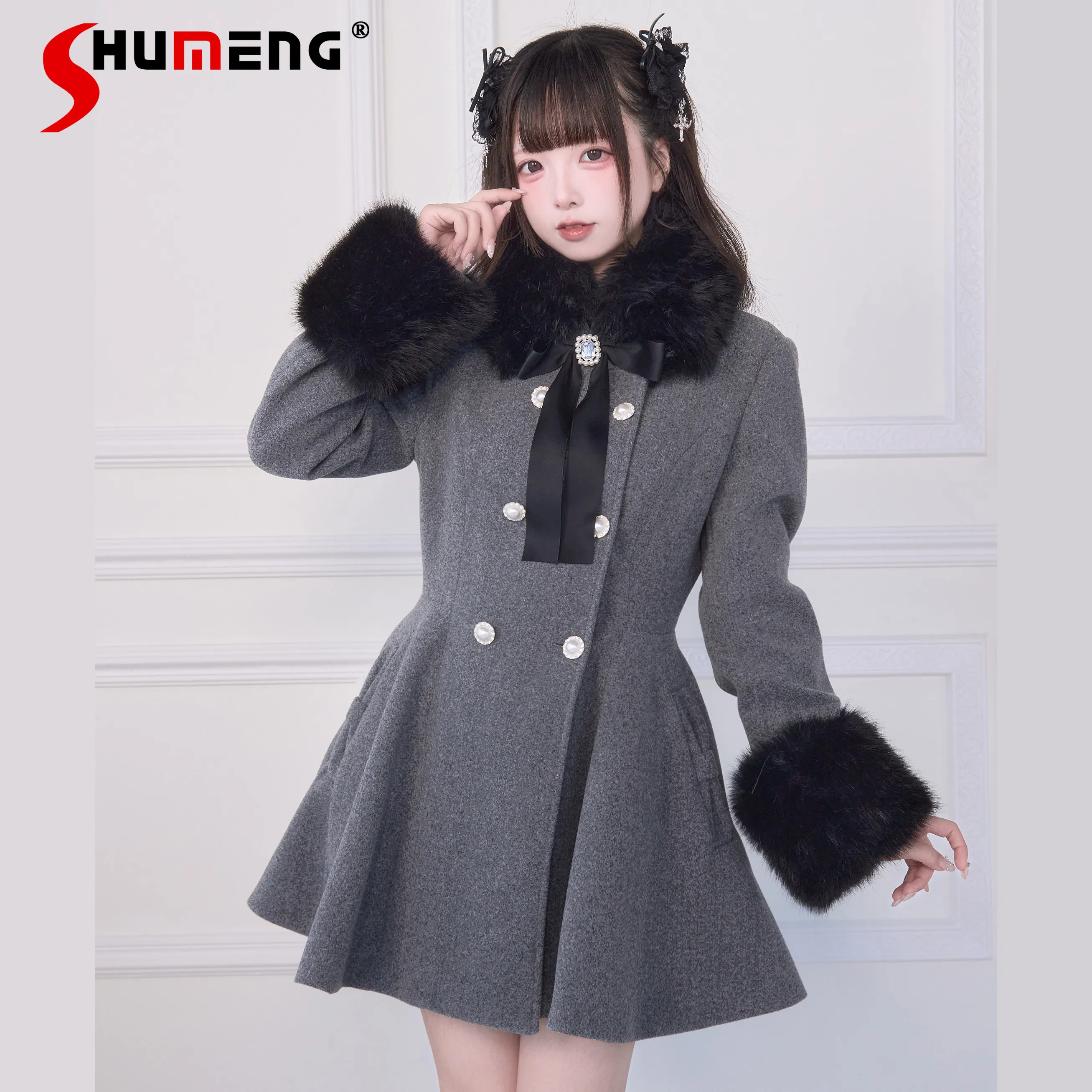 

2026 Japanese Mine Mass-Produced Double-Breasted Large Hem Slim Coat Winter New Lolita Long Sleeve Elegant Princess Wool Coat