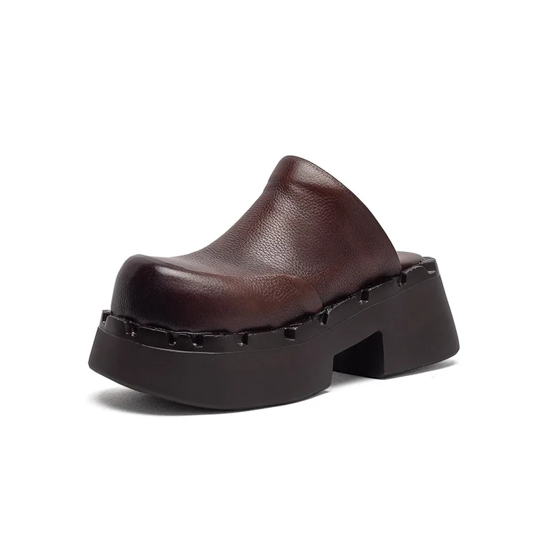 

Genuine Leather Womens Half Shoes Luxury Handmade Quality Comfortable Summer 2026 New British Style 7 Cm Height Woman Slippers