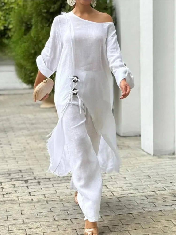 

Модные весенне-летние свободные длинные костюмные брюки нестандартной формы на пуговицах для женщин, элегантные повседневные праздничные белые наряды из двух предметов для женщин