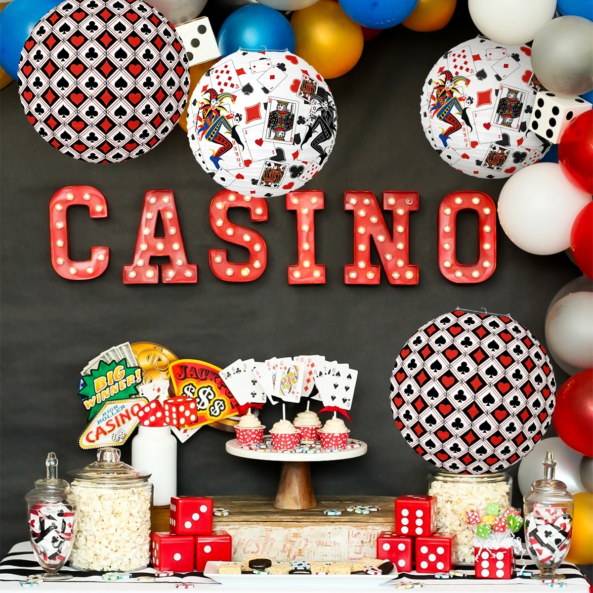 Casino las vegas poker tema lanternas de papel jogando cartão pendurado ornamento fundo para menino aniversário festa de casamento decoração