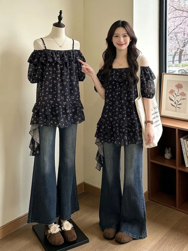 

Floral Lace Trim One Shoulder Chiffon Shirt Women's Summer New Style plus Size Beautiful Top Korean Style Commute Fashion