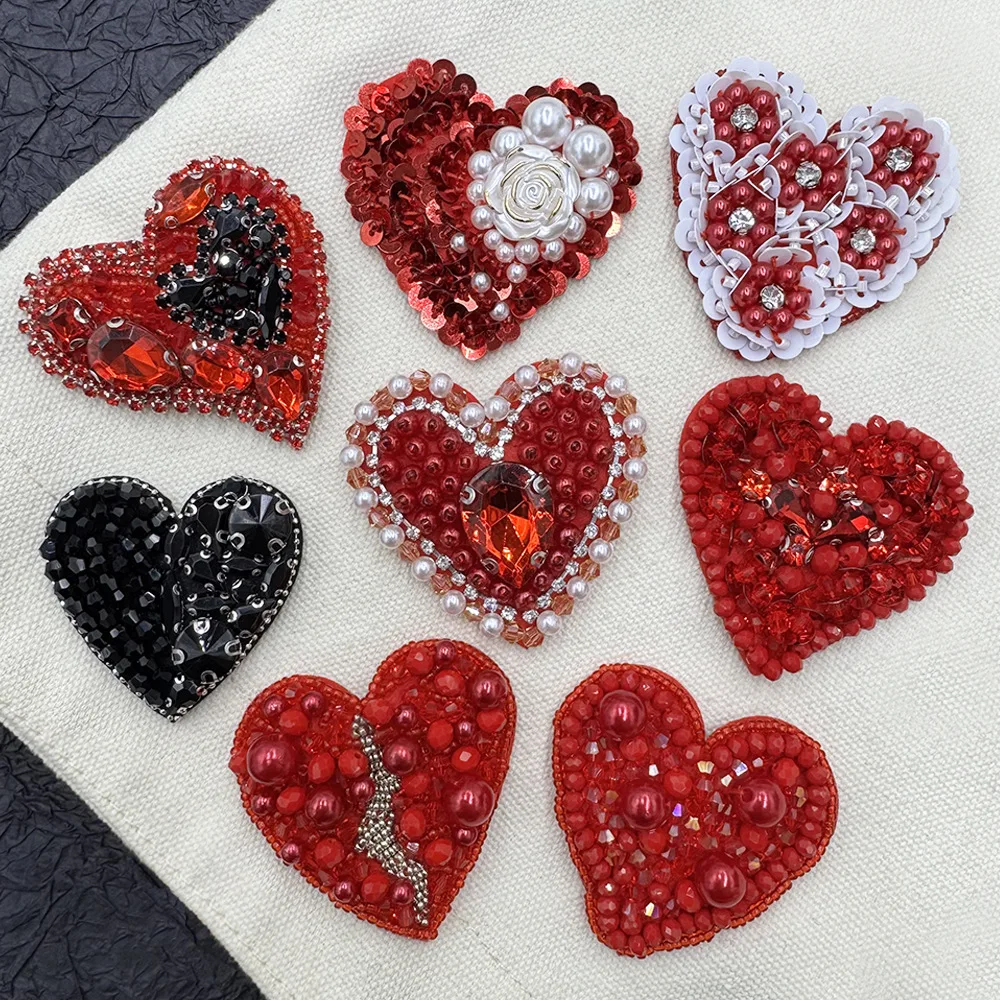 Beaded sequins romantic heart-shaped red heart pearls and rhinestones clothing accessories cloth patch