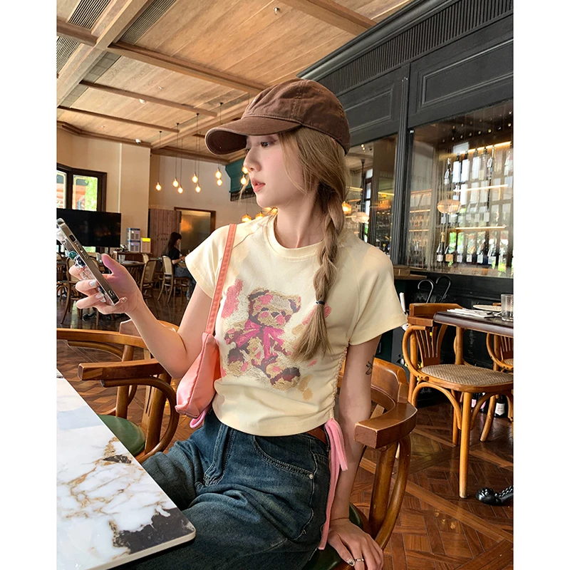 Women T Shirt Korean New Summer Bear Short-sleeved Drawstring Y2k Tops Sweet Cute Casual Versatile Short Tees Female