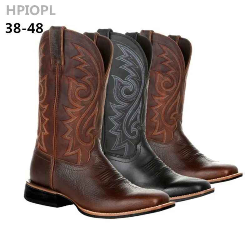 Plus Size 38-48 Handmade Men Cowboy Embroidery Western Style Boots Pointed-toe Mid-calf Boots New Slip on Male Riding Boots