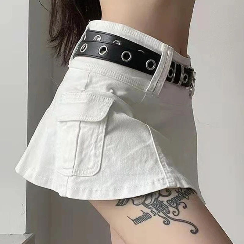 سبايس جيرل الجمالية سليم شخصية الدنيم مطوي تنورة الصيف لطيف موضة الصلبة شخصية منتصف الخصر تنورة ملابس حريمي #4