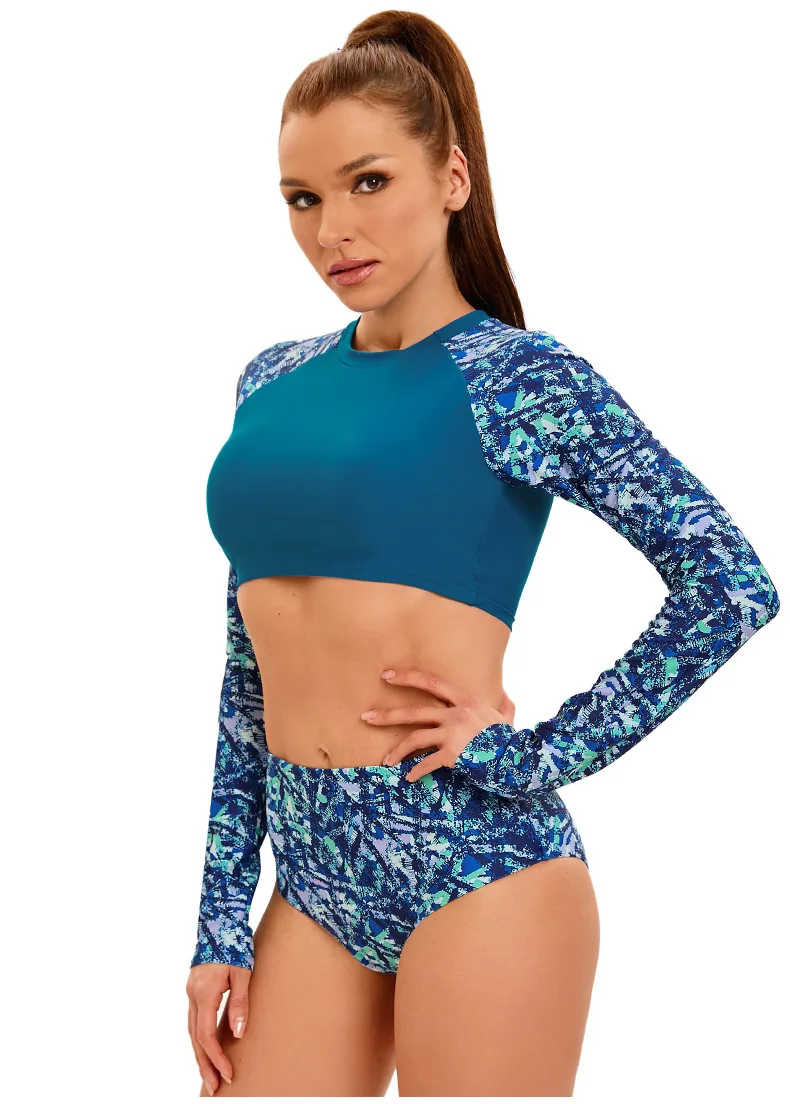 Riseado 2024 New Woman Long Sleeve Swimsuit Tropical Print Swimwear Bathing Suits Beachwear Summer Swimming Suits Beach Sport