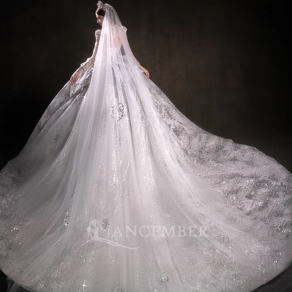 브이넥 오간자 웨딩드레스 맞춤형 긴 소매 웨딩드레스 진주 공주 레이스 웨딩드레스 웨딩드레스