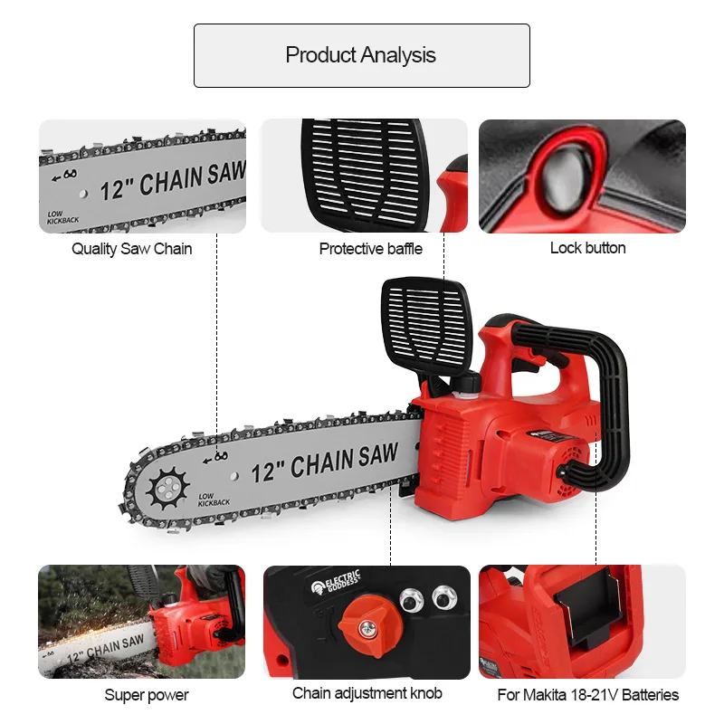 EGOD – scie à chaîne électrique sans balais, 12 pouces, coupe rapide, Portable, sans fil, arbre, jardin, bricolage, ensembles d'outils électriques pour batterie Makita