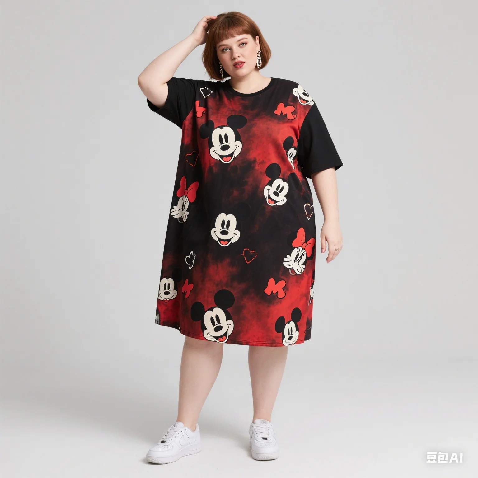 

Женское платье с короткими рукавами больших размеров 925, лицензированное Диснеем, модный повседневный стиль, принт с узором Микки и Минни