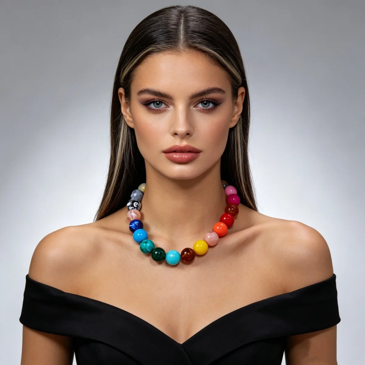 Modische bunte Acryl-Halskette mit großen runden Perlen für Damen und Herren, böhmische blaue braune Harzperlen, Choker, Y2K-Ästhetik-Schmuck – Detail 6