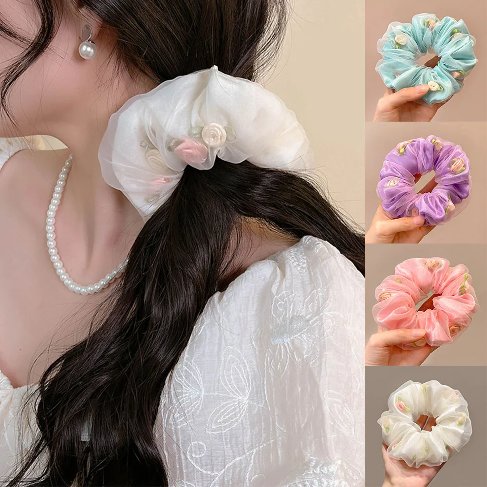 French Romantic Rose Blossom Hair Scrunchies Double Layer Organza Scrunch Girls Hair Accessories Summer Sweet Hair Ties Headwear