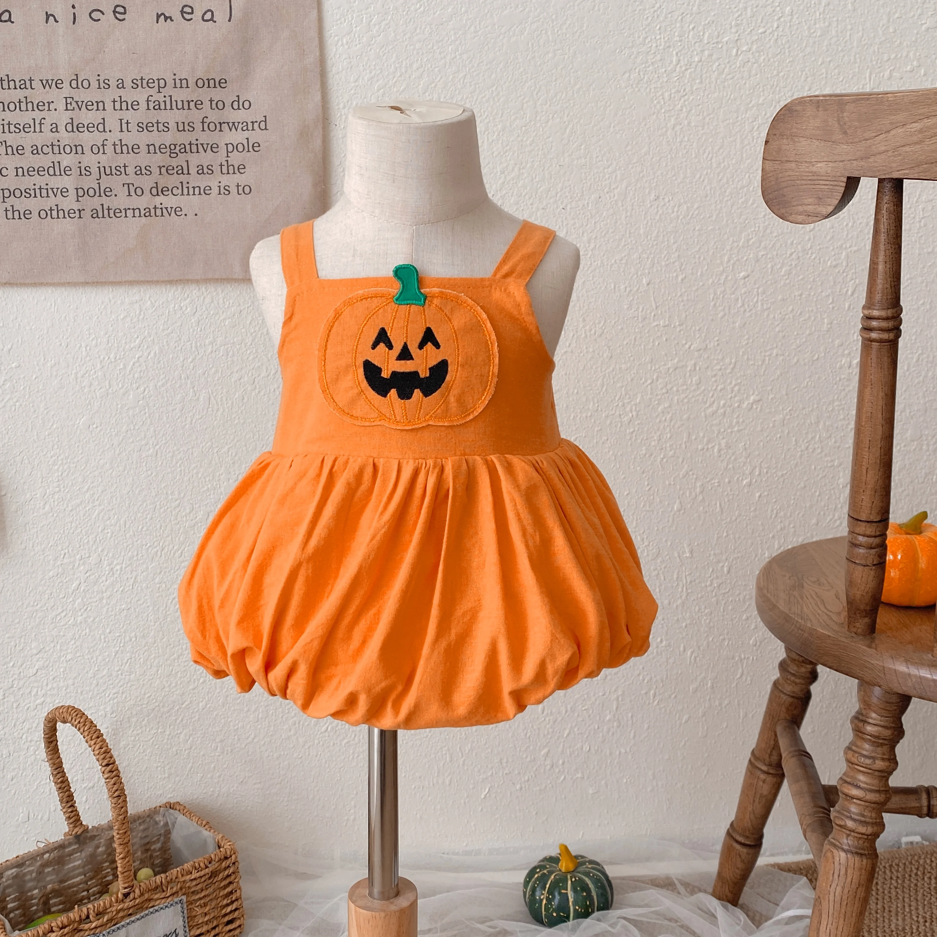 Funny Pumpkin Face! Baby Girl Pumpkin Bodysuit Sling Funny Pumpkin Face Suitable for Daily/Photo/Party Wear