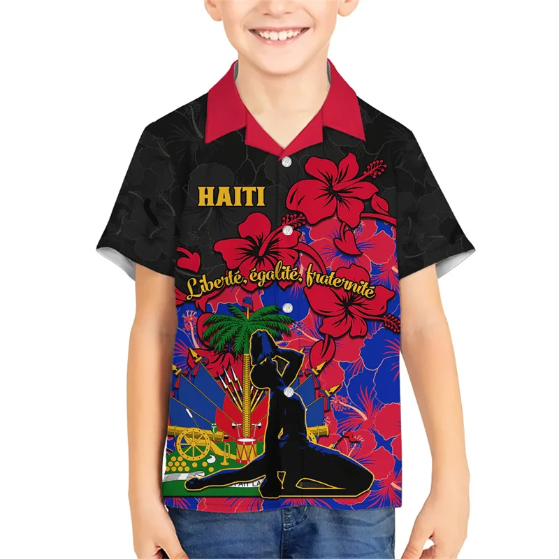 3d Bedrukte Hawaiiaanse Shirts Voor Mannen Haiti Onafhankelijkheid Verjaardag Ayiti Vlag Wapenschild Shirts Casual Trendy Vrouwen Tops Kleedje