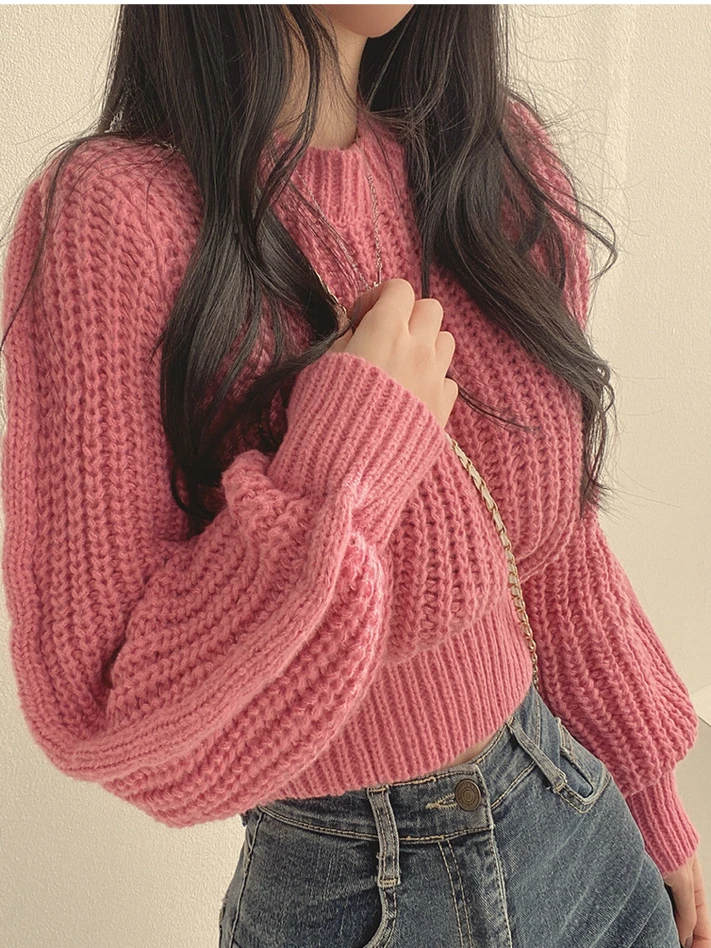 

Korean Sle Sweet round Ne Pullover Knitted ort Sweater Women's Waist-Cinching ort Size Sweetn Autumn New Arrival
