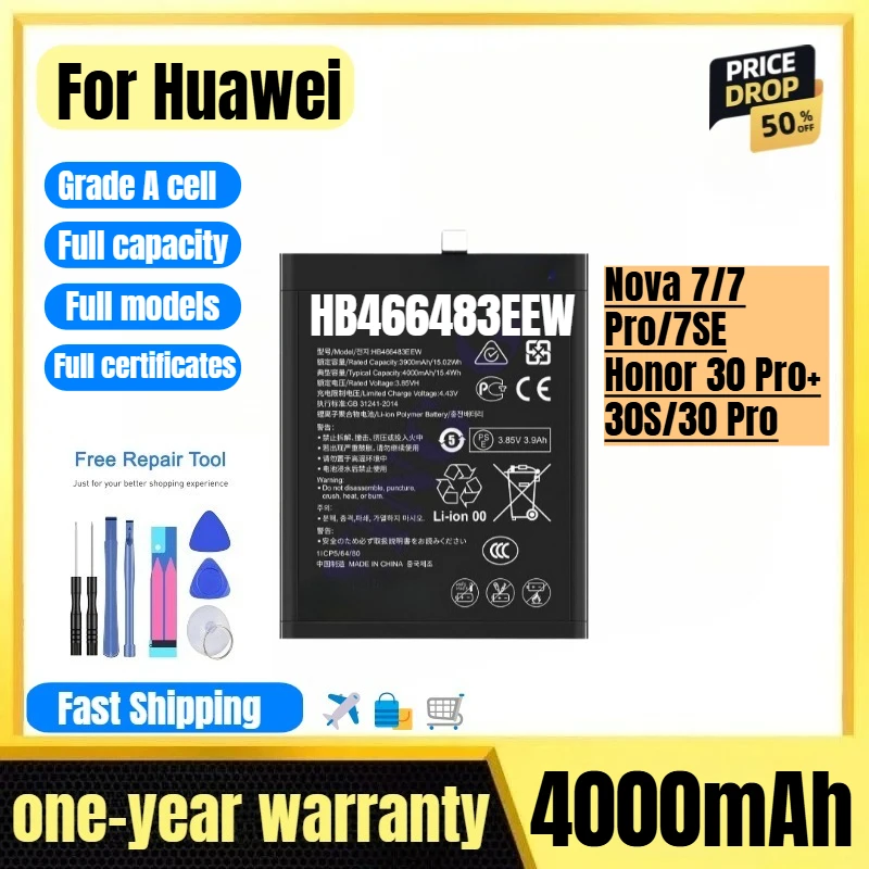 

HB466483EEW for Huawei Nova 7/7 Pro/7SE/Honor 30 Pro+/30S/30 Pro Phone Battery High Quality Replacement Bateria with Tools
