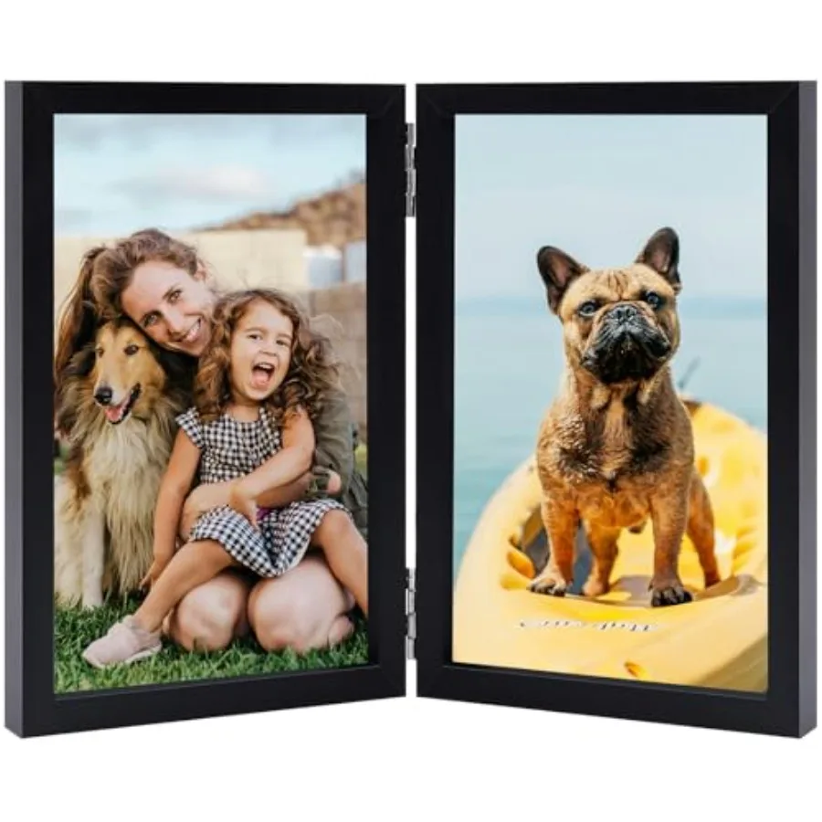 

Double Picture Frame Vertical Wooden Hinged Photo Frame 2 Opening Folding Collage with Definition Glass