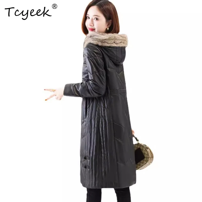 Tcyeek シープスキン ホワイト ダック ダウン フード付き ブラック ミディアム丈 レディース 本革ジャケット Jaqueta De Couro Legítimo Feminina