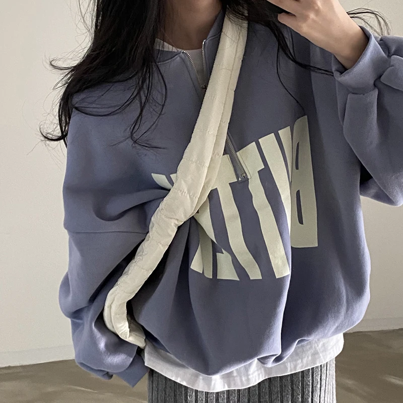 Chic Autumnal Loose Fit Long Sve Hoodie Damen Faion Color Blo Letter Print Design Vielseitiger Stehkragen Streetwear