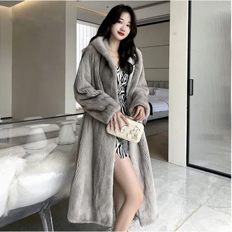 Luxury Hooded Long Fur Coat Women Windproof Warm Faux Fur Jacket Large Size Cardigan Long Sleeve Windbreaker Loose Outerwear