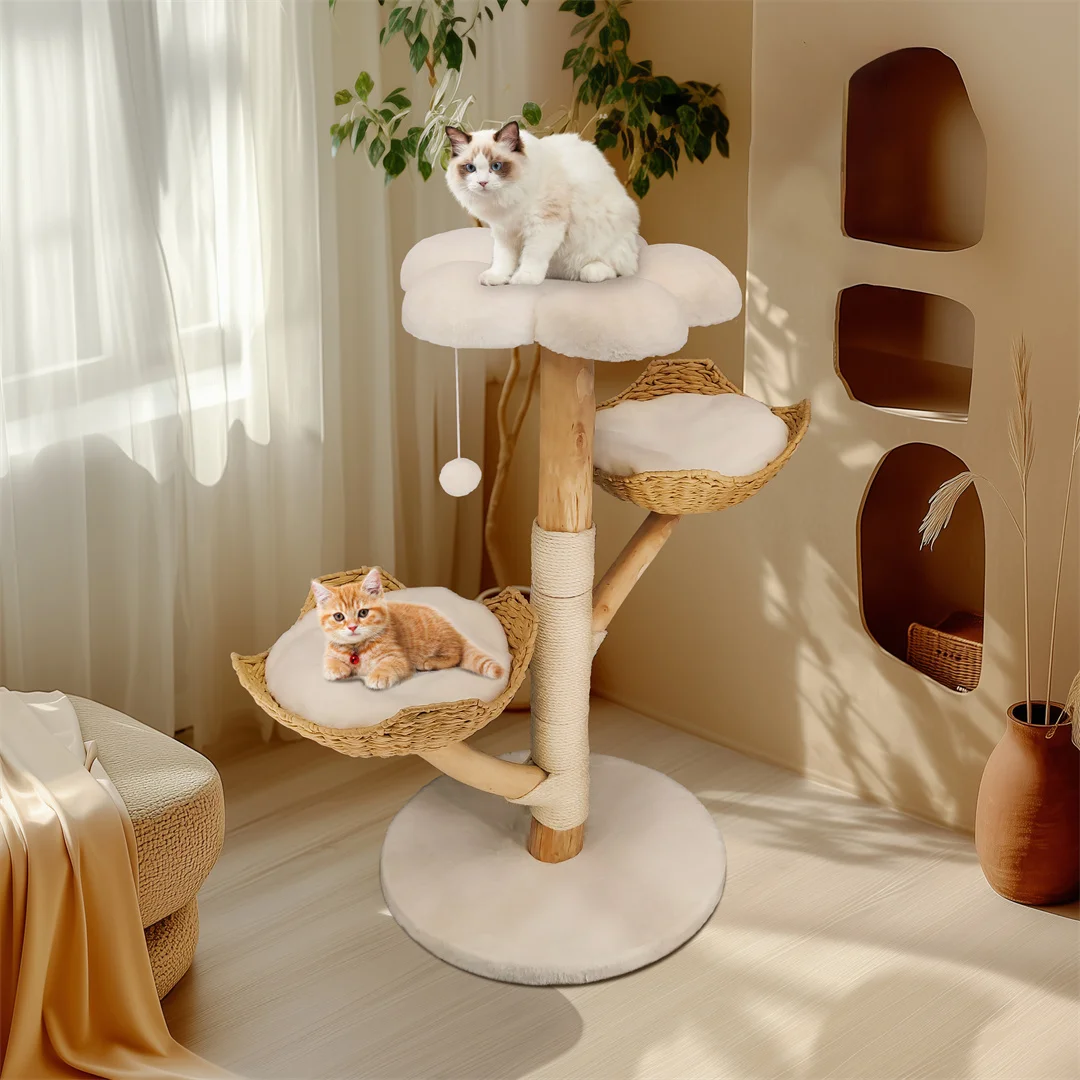 110cm Modern Cat Furniture Climbing Tree Solid Wood Activity Center with Scratching Post for Kitty