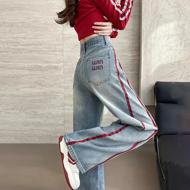 

Pure Cotton Embroidered Wide-Leg Women's Jeans Summer 2025 High-Waisted Loose Design Patchwork Straight-Leg Long Pants Female