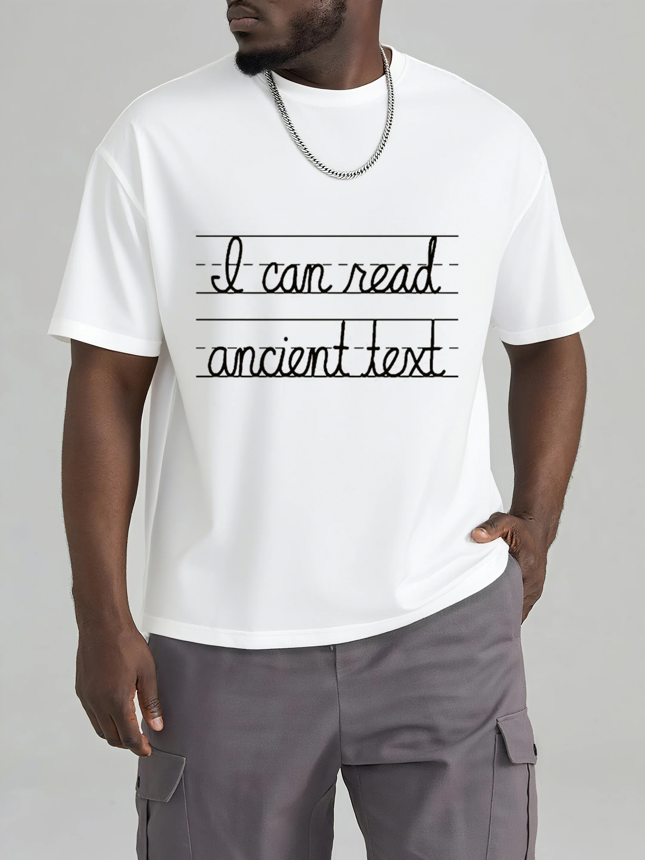 

Large-sized men's short-sleeved T-shirt with street style, featuring unique and humorous handwritten font style