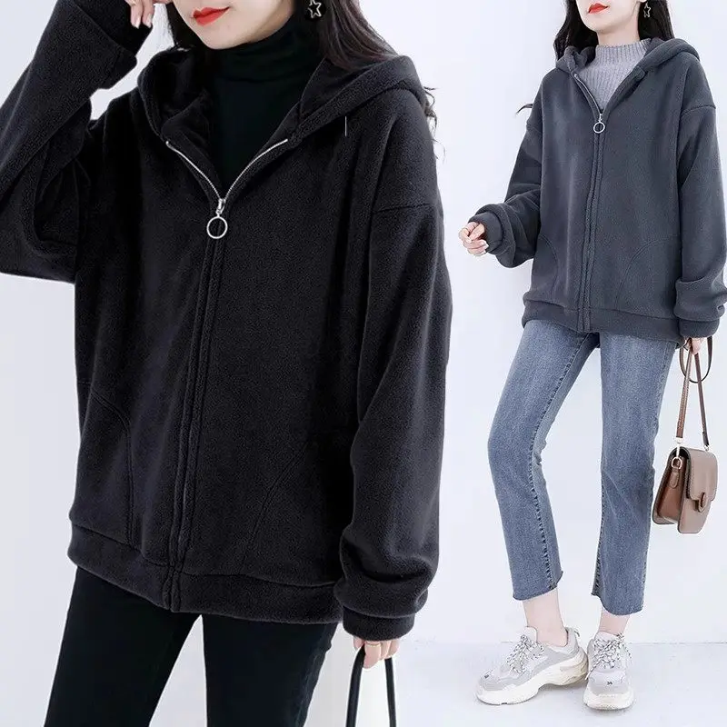 Large Size Lamb Fleece And Thickened Cardigan Hoodies Jacket 2023 New Casual Loose Hooded Sweatshirt Women's Winter Coat Z3404