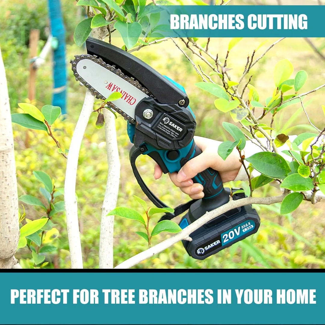 Saker 4 Inch Mini Electric Chain Saw Portable Cordless Handheld Pruning Shears Tree Courtyard Garden Woodworking Tool W/Battery
