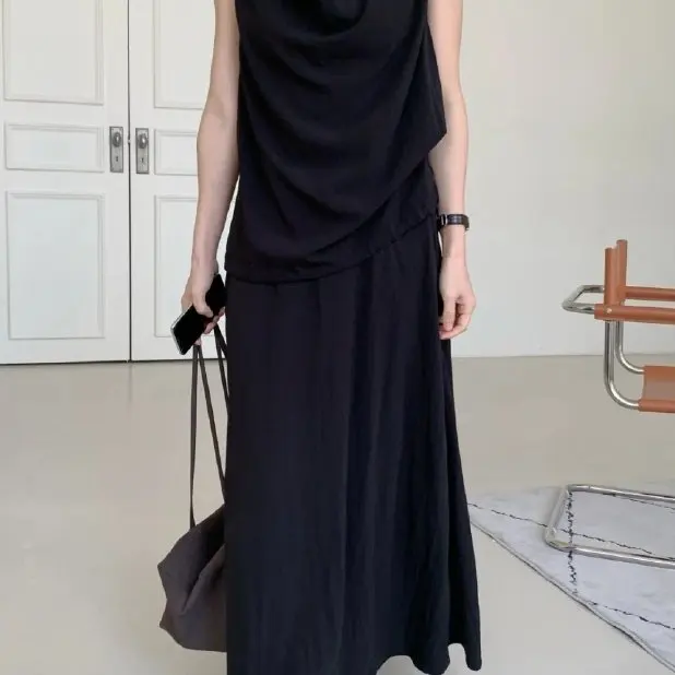 

Korean Japanese Minimalist Sleeveless Vest Pleated Skirt Women's Fashion Set Lazy Style Slimming Effect Summer Outfit