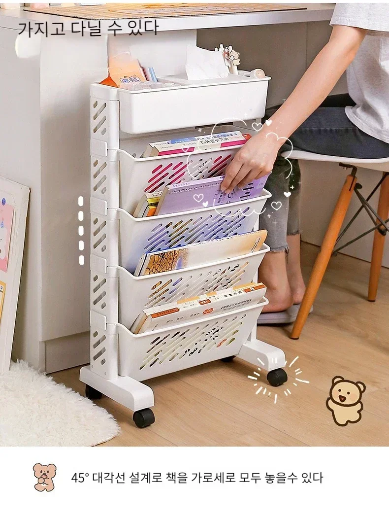 Multi-layer movable bookshelf dormitory book and magazine storage basket on wheels