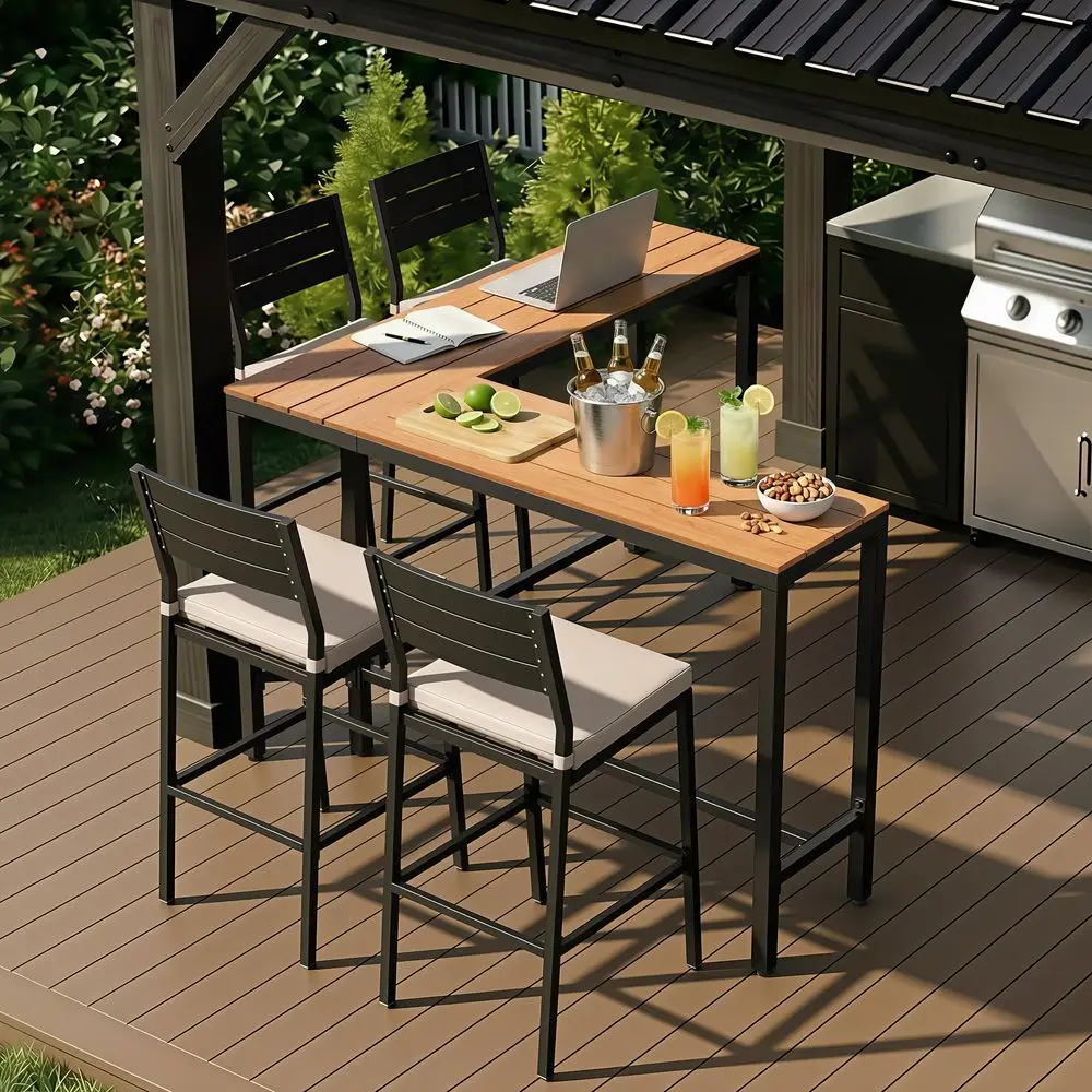 

5Piece Outdoor Bar Table and Chairs Set, LShaped Corner Pub Table with 4 Bar Stools, 350 lbs Capacity, AllWeather WPC amp Powde