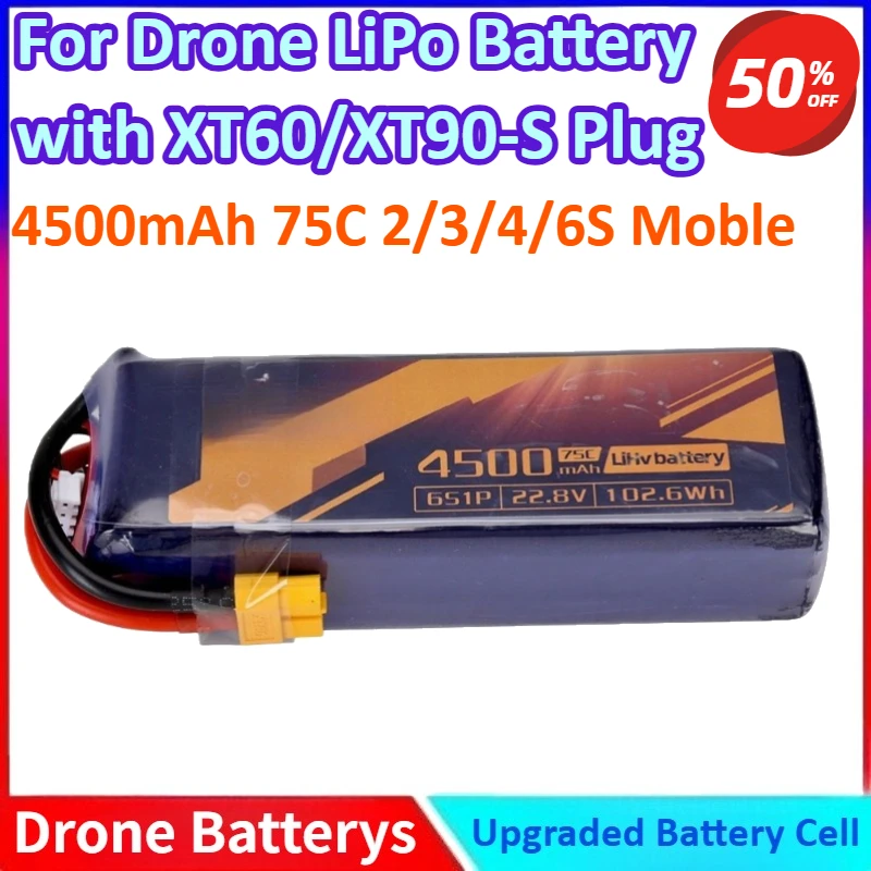 

4500mAh 75C 2/3/4/6S High-Discharge General-purpose LiPo Battery for RC Aircraft, Cars, Boats, FPV Drones with XT60/XT90-S Plug
