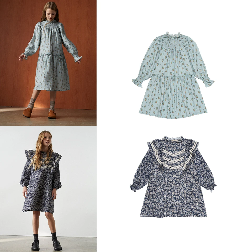 

24TNS Brand With The New Children's Dress Treasure Blue Floral Cotton Gauze Spell Lace Long-Sleeved Dress Ruffle Bubble Sleeve